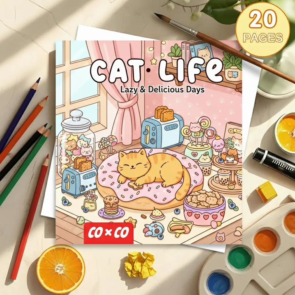 Unisex Cartoon Creative Lazy Cat Daily Coloring Notebook (21cm x 21cm) - Features Exquisite Thread Designs of Cats on Donuts, Butterfly Catching, Afternoon Living Rooms, Bed Scenes - Suitable for Teenagers, Adults for Drawing & Decompression