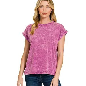 Zenana Crinkle Washed Round Neck Cuffed Short Sleeve Tee