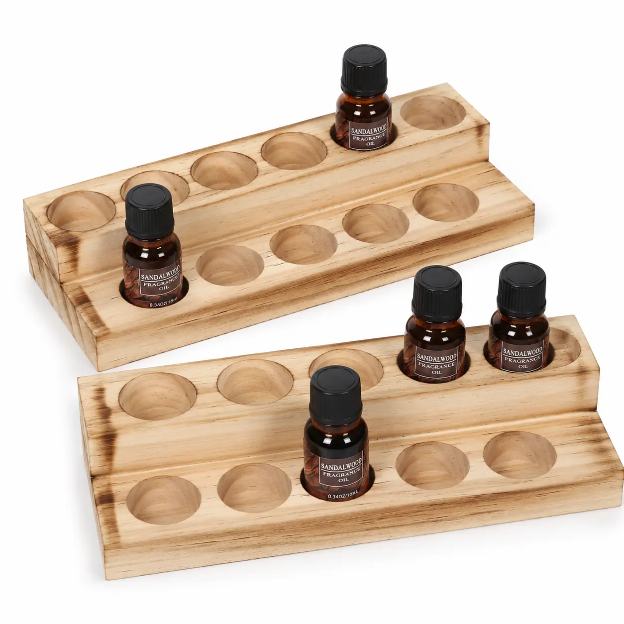 2-Pack Wooden Essential Oil Display Organizer Stand, 2-Tier Pine Wood Perfume & Fragrance Bottle Organizer, 22-Slot Vanity Storage Rack for 5ml/10ml/15ml/20ml Bottles, Brown/Olive Green/Gray, Bathroom & Bedroom