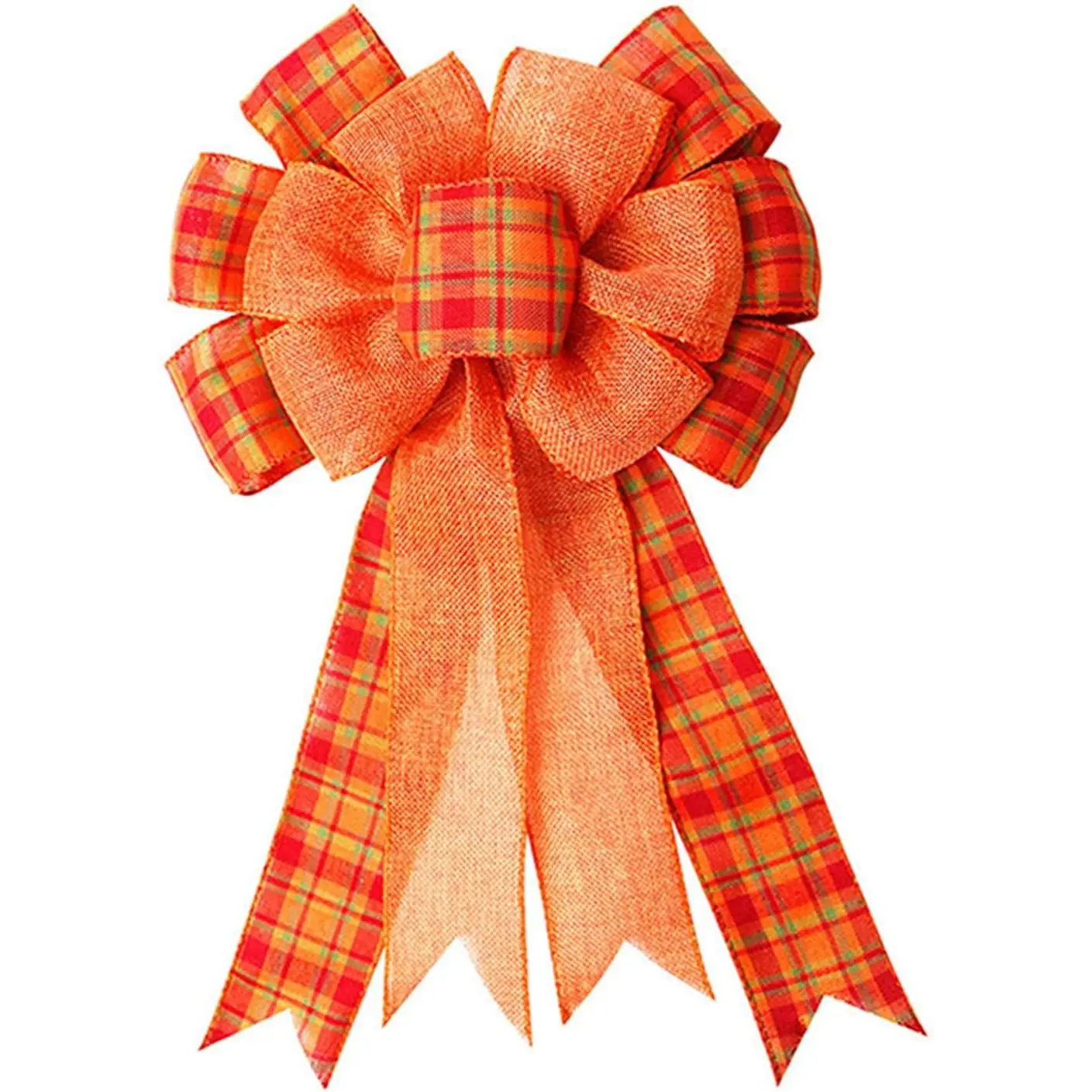 Orange Buffalo Plaid Burlap Bow for Thanksgiving, Fall, Christmas - Large Wreath, Tree Topper, Indoor/Outdoor Decoration