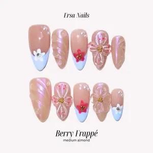 ErsaNails BERRY FRAPPÉ - Medium Almond 10 PCS Handmade Press On Nails | 3D Flower, Mermaid & French Tip