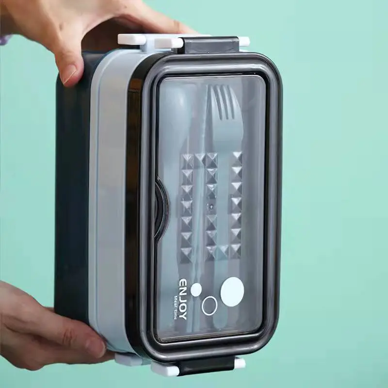 1400ML Dual Layer Lunch Box, Bento Lunch Box, Portable Food Container, Meal Prep Containers Microwave Safe, Food Prep Containers with Fork, Chopsticks, Spoon, Microwave Safe, Bpa Free Compartments, Ideal for Home, Office, School, Picnic