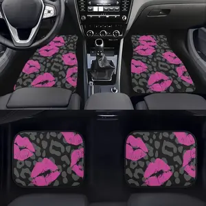 4pcs Automotive Floor Mats, suitable for all car models, designed with pink lip patterns, suitable for all seasons, and easy to clean car interior accessories.