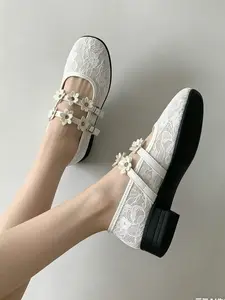 Breathable Open-Toe Sandals, Versatile Women's Mary Jane Shoes, Summer Dance Ballet Shoes, Rhinestone Flower Mesh Shoes, Bridal Shoes