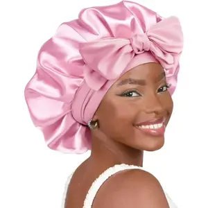 Elastic ribbon bow color Ding round hat solid color imitation silk nightcap wide brim hairdressing headscarf hat For Women