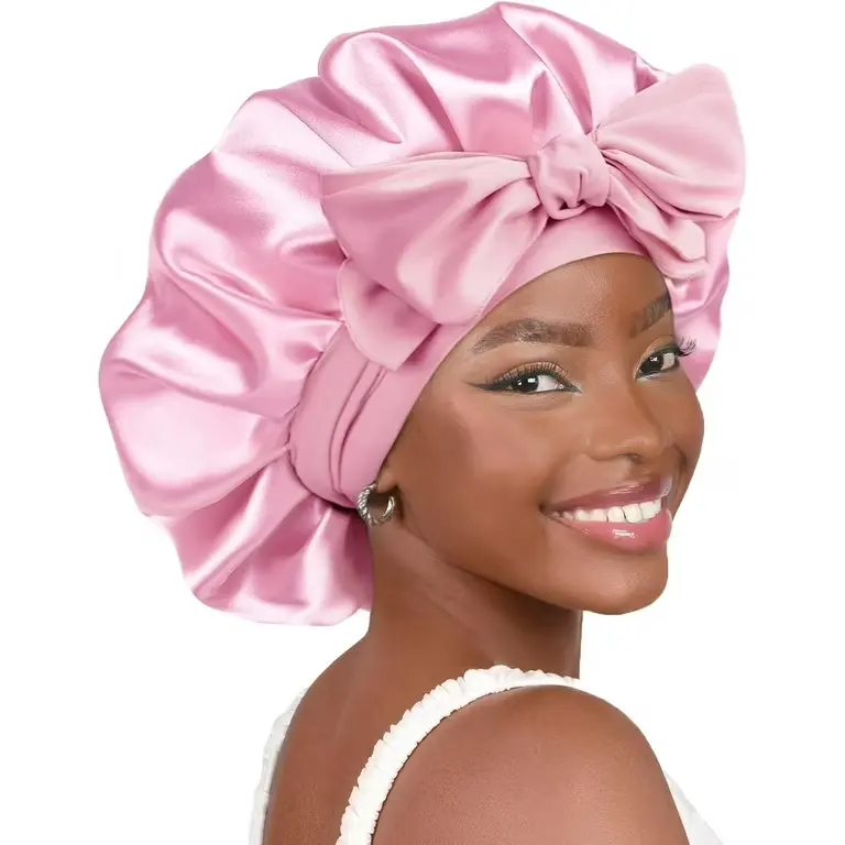 Elastic ribbon bow color Ding round hat solid color imitation silk nightcap wide brim hairdressing headscarf hat For Women