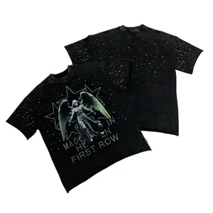 First Row Streetwear Vintage Washed Diamond Rhinestone Cropped Tee Y2K Retro Hip Hop Bling Shiny Graphic Oversized Loose Fit Crew Neck Short Sleeve Pure Cotton Viral Trendy Casual Daily Couple Matching Summer Streetwear Must Have Top For Men Unisex