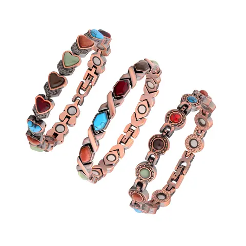 Nandudu 3pcs Pure Copper Bracelets for Women, Everyday Wear Heart Charm Bracelet with Heart-Shaped Artificial Gemstone, Magnetic Adjustable for Arthritis Support, Layered Look Design