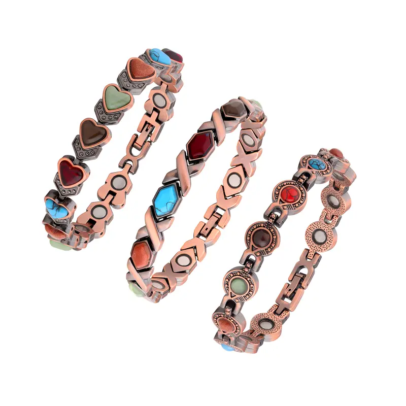 Nandudu 3pcs Pure Copper Bracelets for Women, Everyday Wear Heart Charm Bracelet with Heart-Shaped Artificial Gemstone, Magnetic Adjustable for Arthritis Support, Layered Look Design