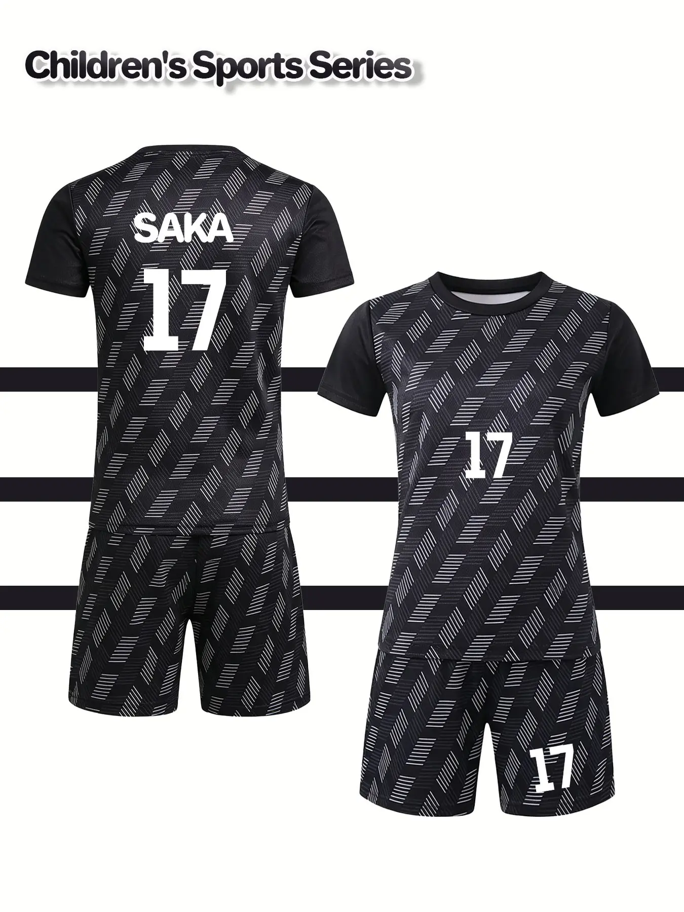 2026 Crew Neck T-shirt Football Suit for Boys with Name SAKA and Number 17, New Children's Soccer Jersey, Student Match Team Training Sportswear, Comfortable, Breathable, Heat-dissipating, Quick-drying Two-piece Set (Top and Pants) Athletic Clothing Set