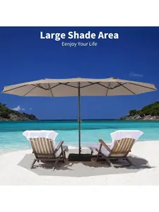 【Christmas Gift】Khaki- 15FT Extra Large Rectangular Patio Umbrella, Outdoor Double Sided Rectangular Market Umbrella With Stand, With Base For Poolside, Backyard, Outdoor Cafe, Heavy Duty Cantilever Design Sunshade Canopy