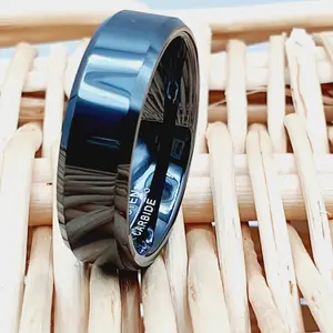 Custom Laser Engraved Wedding Tungsten Band for Men, Black High Polished Beveled Edges Ring with Anniversary  6mm Band