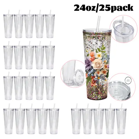 25-Pack 24oz Clear Double-Wall Tapered Plastic Snow Globe Tumbler Water Bottles - Portable Reusable Containers with Pre-Drilled Hole, Lid, Straw, Silicone Plug for Glitter DIY, Festive Gifts, Bottle, Cup