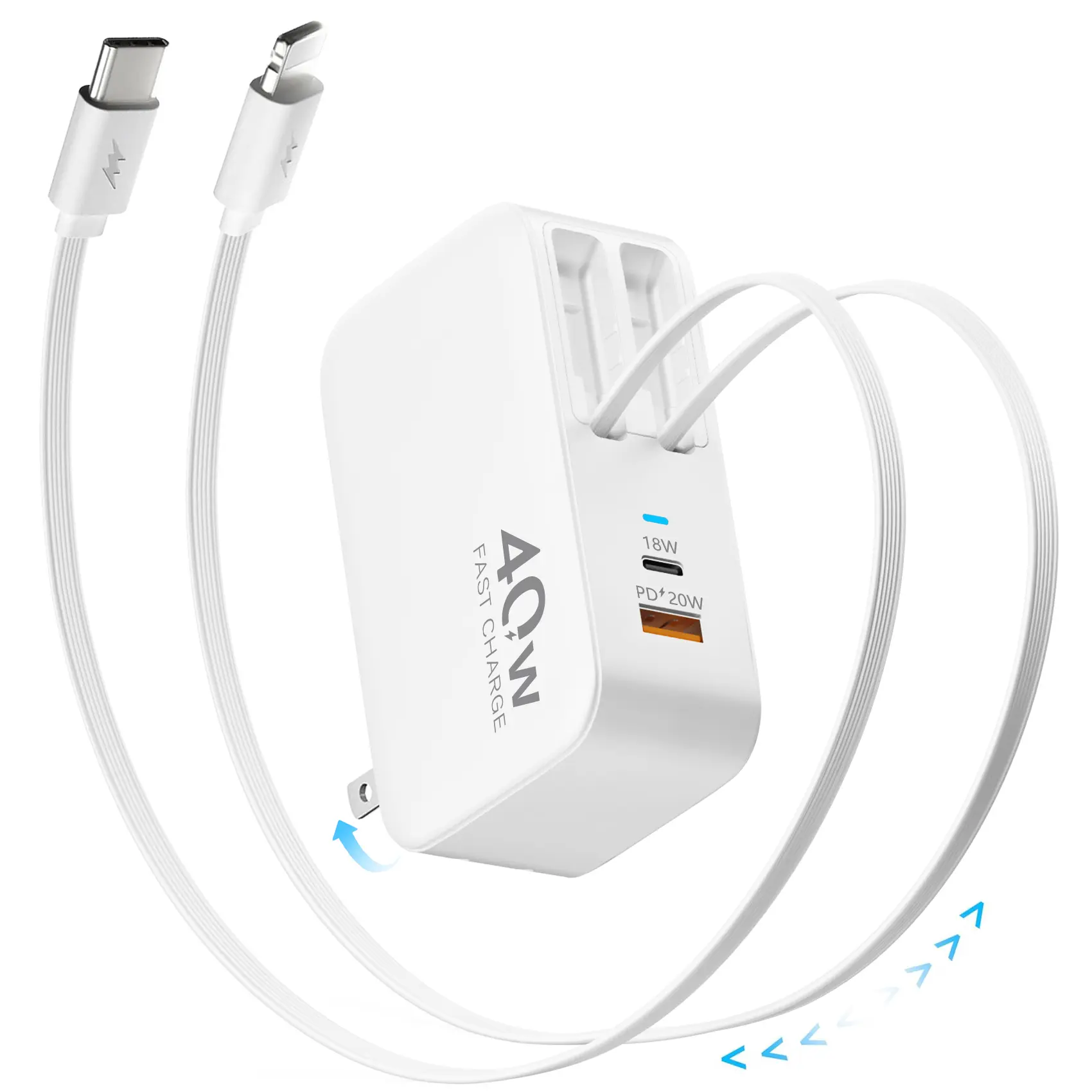 4-in-1 Retractable Wall Charger with Dual USB Ports and 90cm Lightening and Type-C Cables, 40W Fast Charging Foldable Block Compatible with ipad,iPhone 16/15, airpods,Galaxy, Pixel, and More