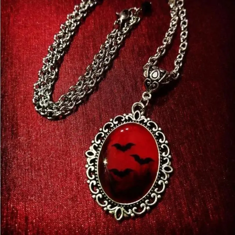 Women's Dark Gothic Blood Red Bat Charm Oval Pendant Choker, Unisex Halloween Vampire Embossed Witch Vintage Costume Jewelry Necklace