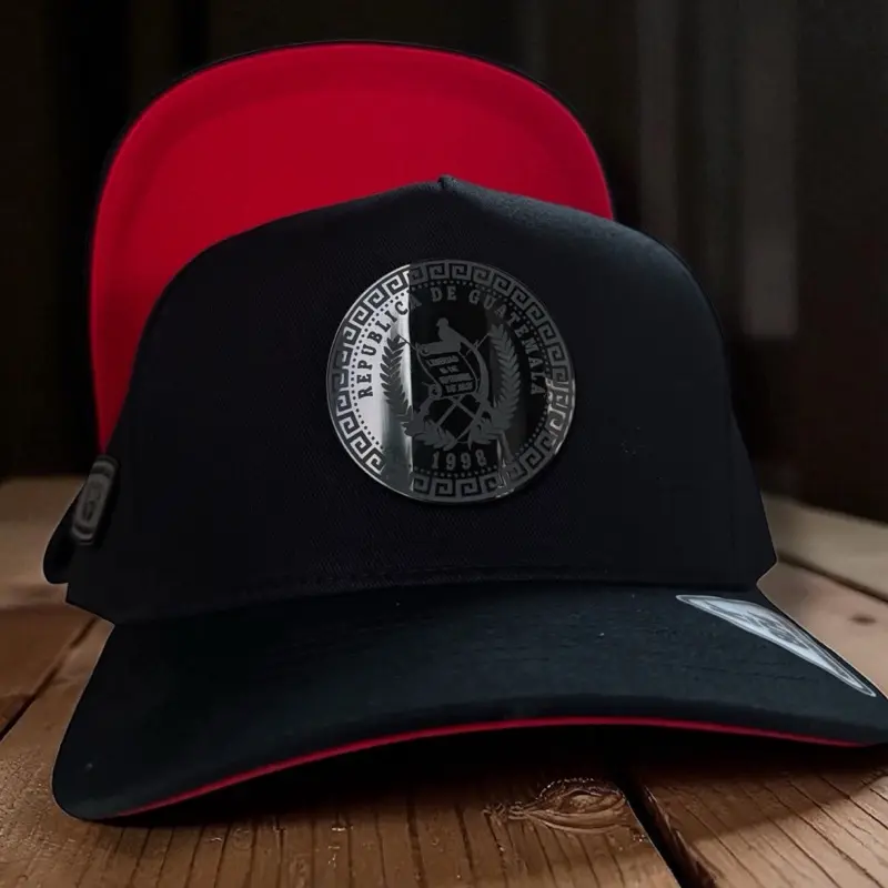 Black Snapback Hats - 1998 Guatemala Quetzal Hat, Black Cap with Red Brim and Emblem Design, Men's Accessories, Black Black
