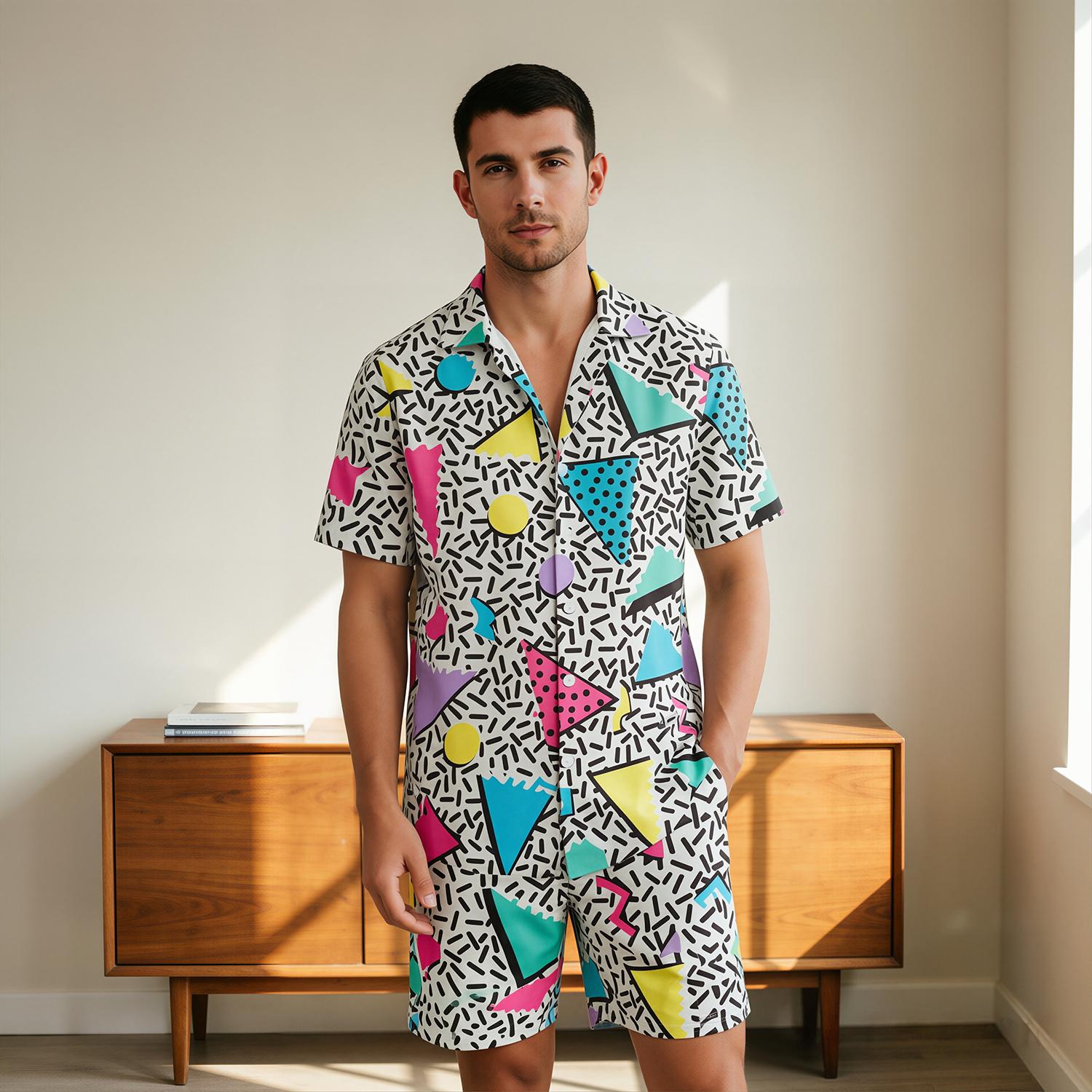 Men's Comfy Geometric Print 2-Piece Menswear Set - Short Sleeve Shirt & Pocketed Shorts, Retro Memphis Style, Polyester Fabric, Casual Vacation Beach Outfit, Sizes M-3XL