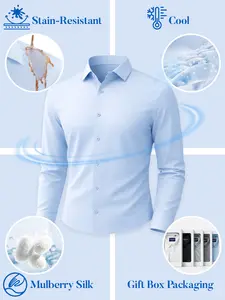 Alimens&Gentle Stain Shield Men's Mulberry Silk Dress Shirt, Long Sleeve Anti-Wrinkle Button Down Daily Men Top