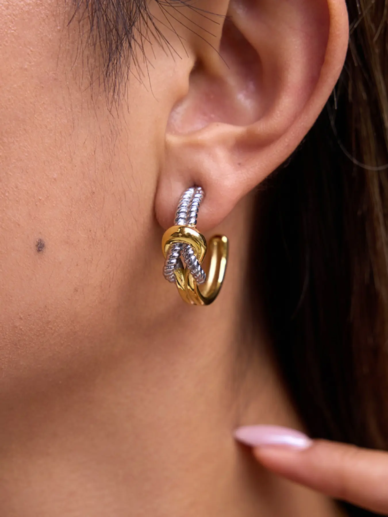 Ladies' Gold Stud Earrings, High Quality Earrings Jewelry, Stainless Steel 18k Gold-Plated Waterproof Gold and Silver Hercules Knot Thread Line Double-Layer C-Ring Bohemian Style Summer Essential Beach Vacation