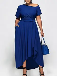 Plus Size Women's One-Shoulder Strapless Waist-Tied Dress, Asymmetrical Ruffle Hem Pocket Long Dress, Elegant Fitted Style