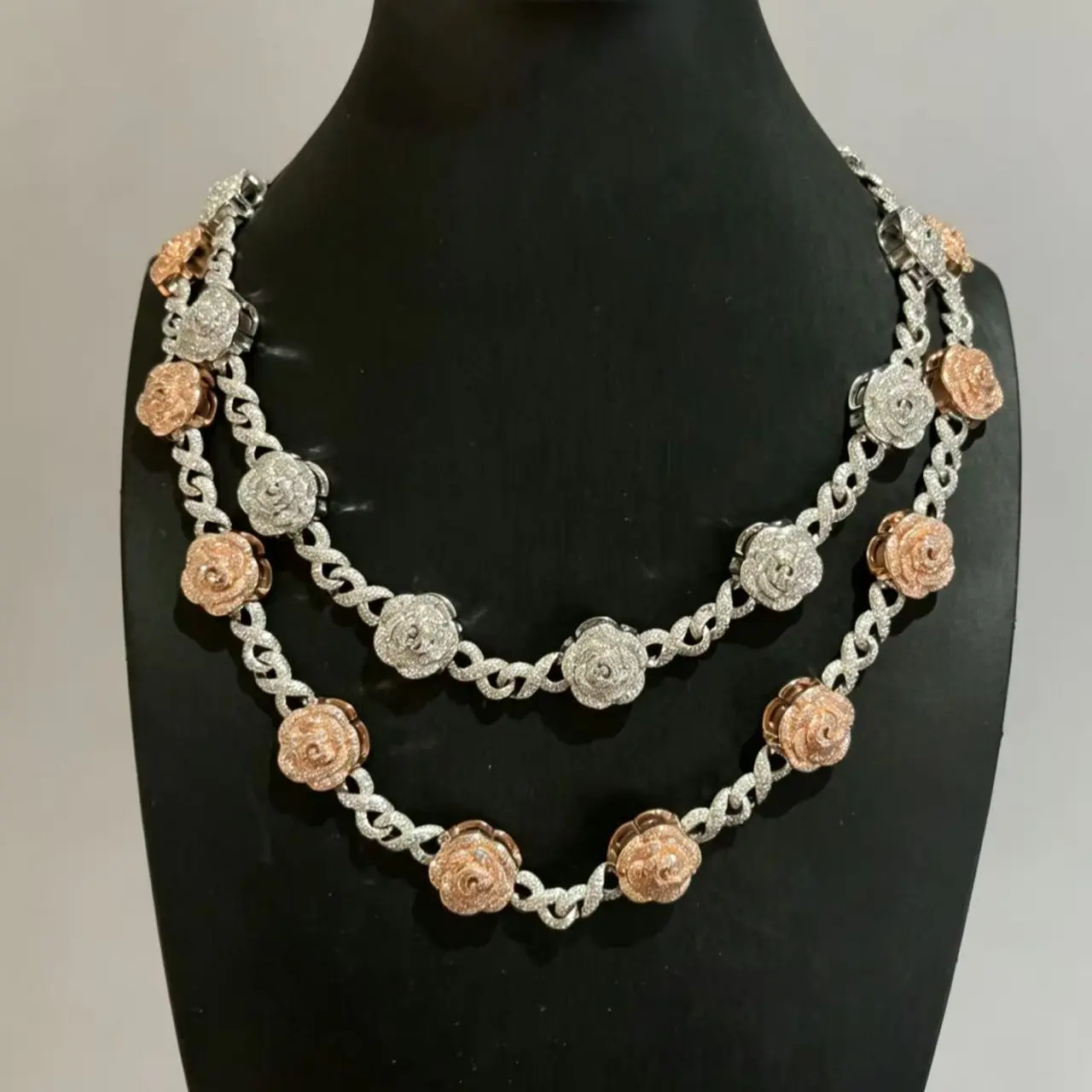 M3-9170 Bling Two Tone Rose Cuban Link Chain Double Layer Iced Hip Hop Diamond Necklace Unisex Street Jewelry