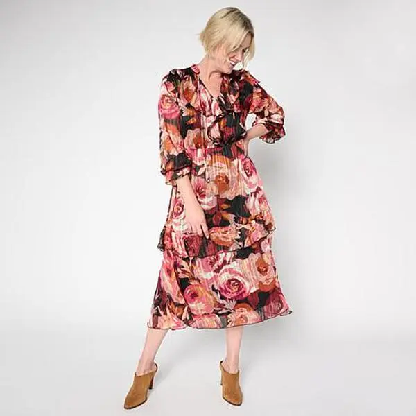 Tower Hill by Christie Brinkley Ruffled Chiffon Midi Dress