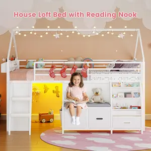 ADORNEVE Twin Size Loft Bed with Bookshelf Reading Nook, 3 Drawers, LED Lights, Play Curtain and Safety Guardrail for Kids
