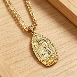 14K Gold Plated Guadalupe Virgin Mary Oval Pendant Necklace for Women Men 3mm Flat Figaro Chain Necklace 18/22 inches