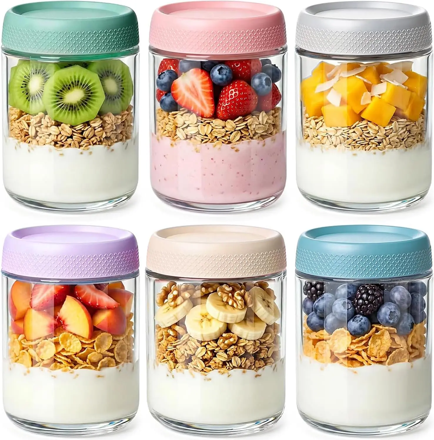 16 oz 6Pack Overnight Oats Containers with Lids, Airtight Leakproof Wide Mouth Glass Mason Jars, Reusable & Portable for Meal Prep, Yogurt, Salads, Smoothies, Spice, Sugar, Snacks & Food Storage-clear
