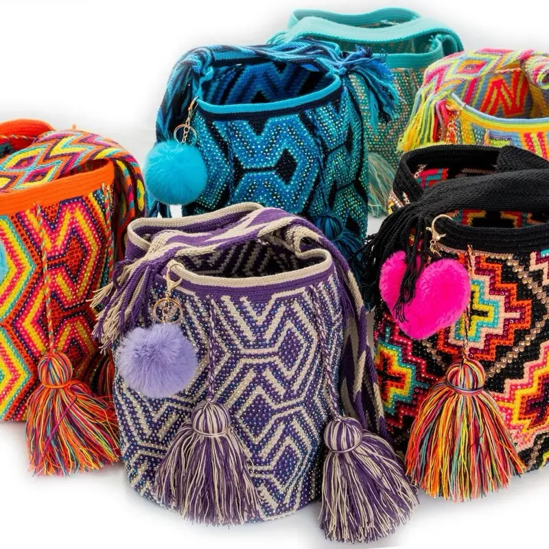 Handmade Wayuu Bag – Bright Geometric Pattern with Hand-Applied Rhinestones