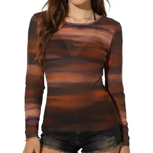 Women's Mesh Tops Sheer Long Sleeve Tee Shirts Bodycon See Through Blouse Clubwear