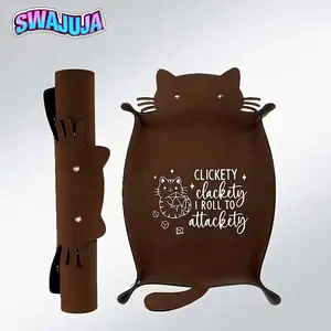 Funny Cat Dice Tray with Foldable Stand - 'CLICKETY CLACKETY I ROLL TO ATTACKETY' design, Durable PVC leather portable storage box, suitable for tabletop RPG games, a creative gift for players aged 14 and above