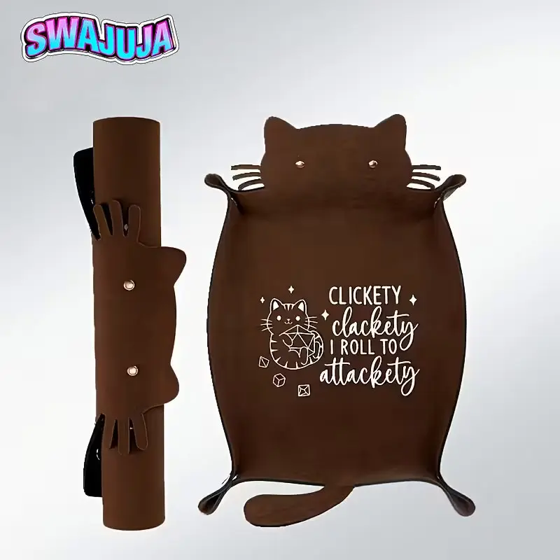 Funny Cat Kitty Dice Tray with Foldable Stand - 'CLICKETY CLACKETY I ROLL TO ATTACKETY' design, Durable PVC leather portable storage box, suitable for tabletop RPG games, a creative gift for players aged 14 and above