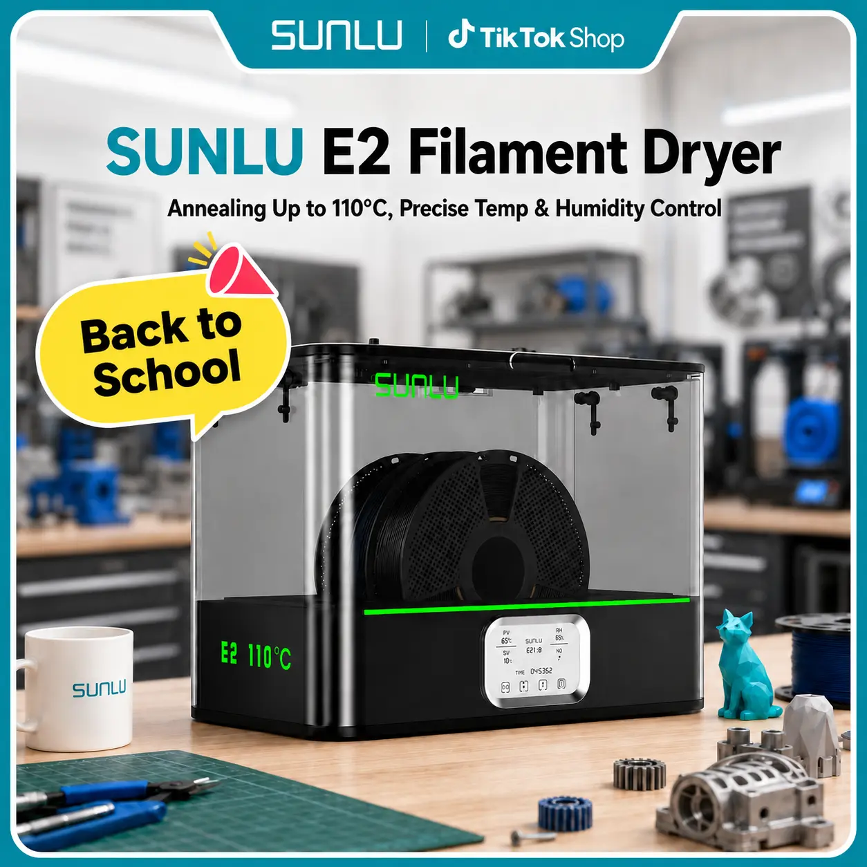 SUNLU FilaDryer E2, Up to 110℃, Professional Drying and Annealing, Born for Engineering 3D Printing Filaments