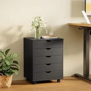FurniChic Haven Wood Mobile File Cabinets- Rolling Printer Stand with 5 Drawers, Office Organizer Chest of Filing Locker with Wheels