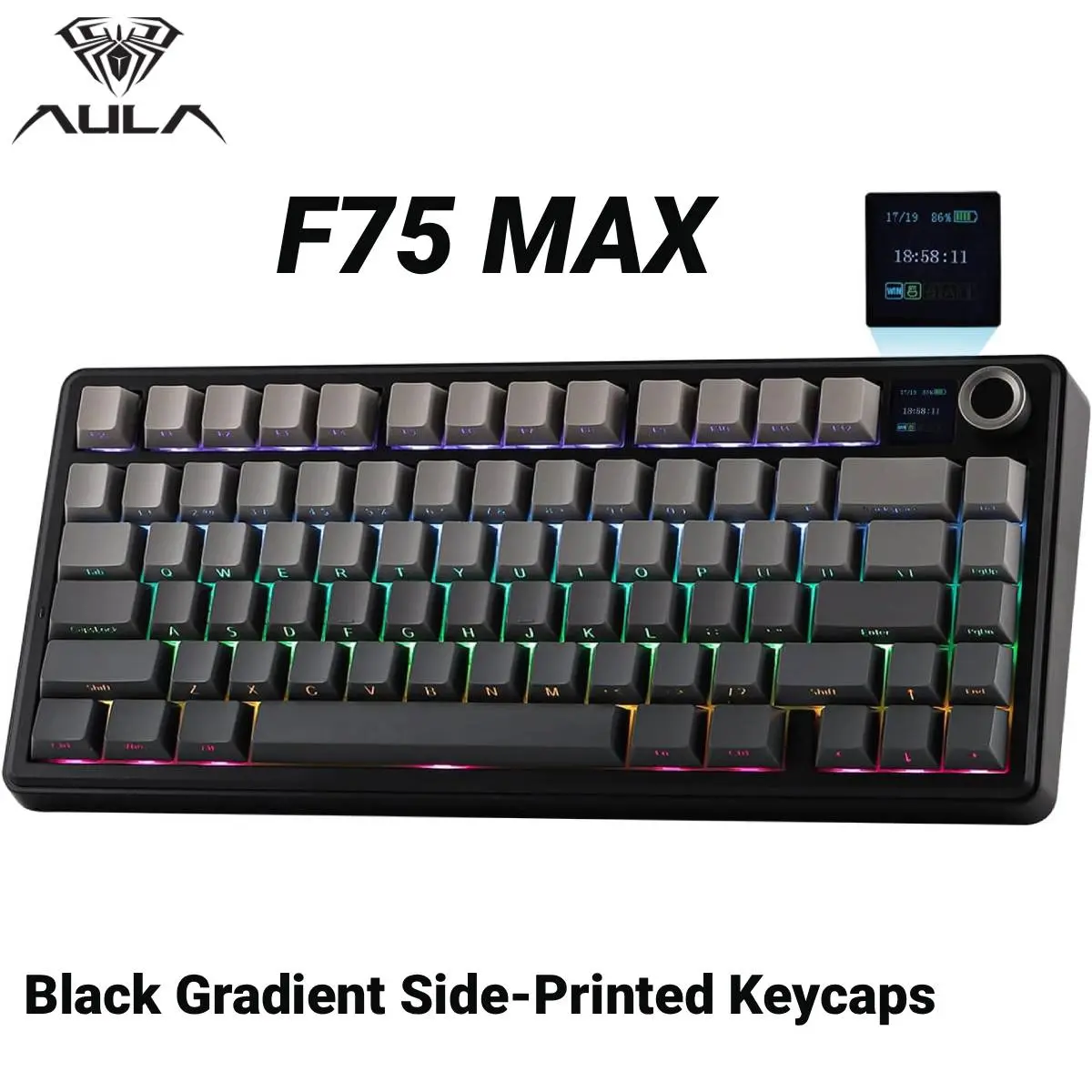 Aula F75 MAX Wireless Mechanical Keyboard with TFT Screen and Knob, Gasket Gaming Keyboard in 75% Layout, Hot Swappable, RGB Backlight,  Bluetooth 5.0 2.4GHz USB-C, Compact, Gamer Keycaps Reaper switches for PC/Mac/Linux