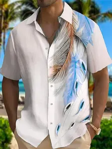 Men's Feather Print Short Sleeve Casual Soft Shirt, Regular Fit Casual Button Down Top for Summer, Men's Clothes for Beach Vacation Beachy Shirt, Menswear
