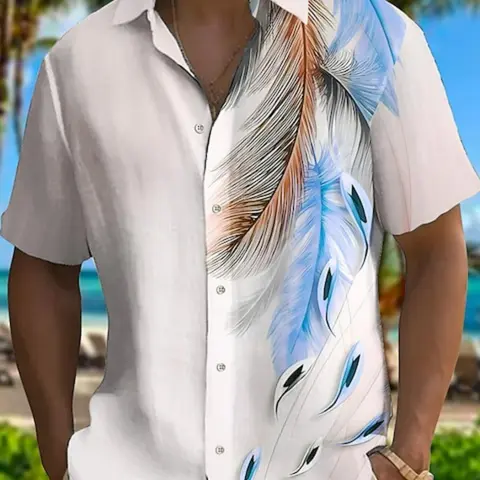 Men's Feather Print Short Sleeve Casual Soft Shirt, Casual Collared Shirt, Regular Fit Casual Button Down Top for Summer, Men's Clothes for Beach Vacation Beachy Shirt, Casual Stylish Menswear, Casual Summer Clothing