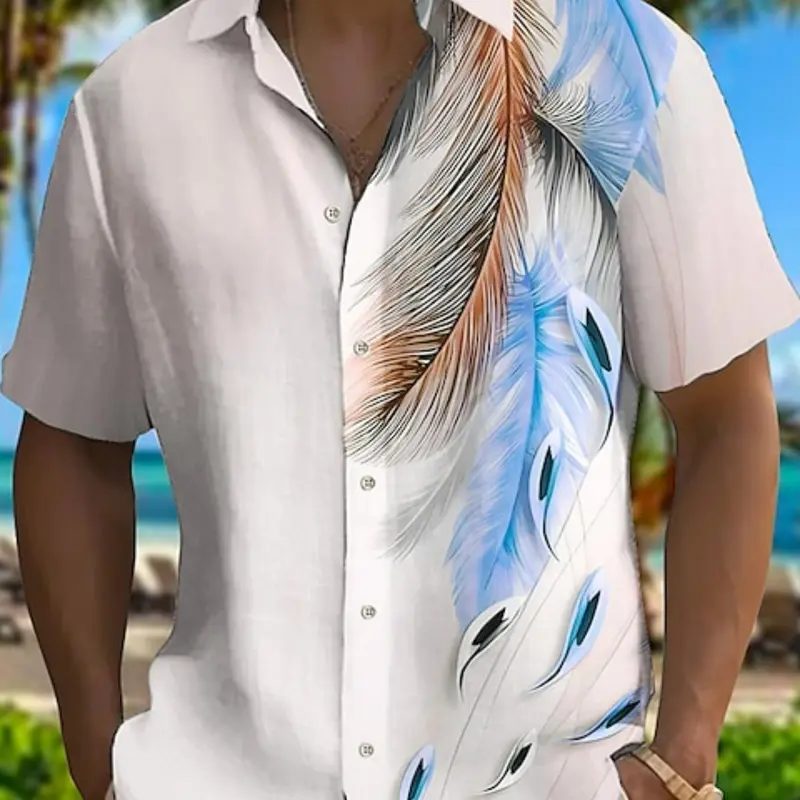 Men's Feather Print Short Sleeve Casual Soft Shirt, Casual Collared Shirt, Regular Fit Casual Button Down Top for Summer, Men's Clothes for Beach Vacation Beachy Shirt, Casual Stylish Menswear, Casual Summer Clothing