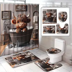 Vintage Bathroom Shower Curtain Set, 1pc/4pcs Highland Cow Design, Includes 12 Hooks, Non-Slip Bath Mat, U-Shaped Toilet Lid Cover