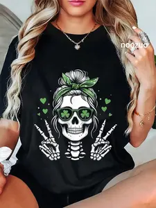 100% Cotton St Patricks Day Skull Messy Bun Peace Women St. Pattys Day T-Shirt