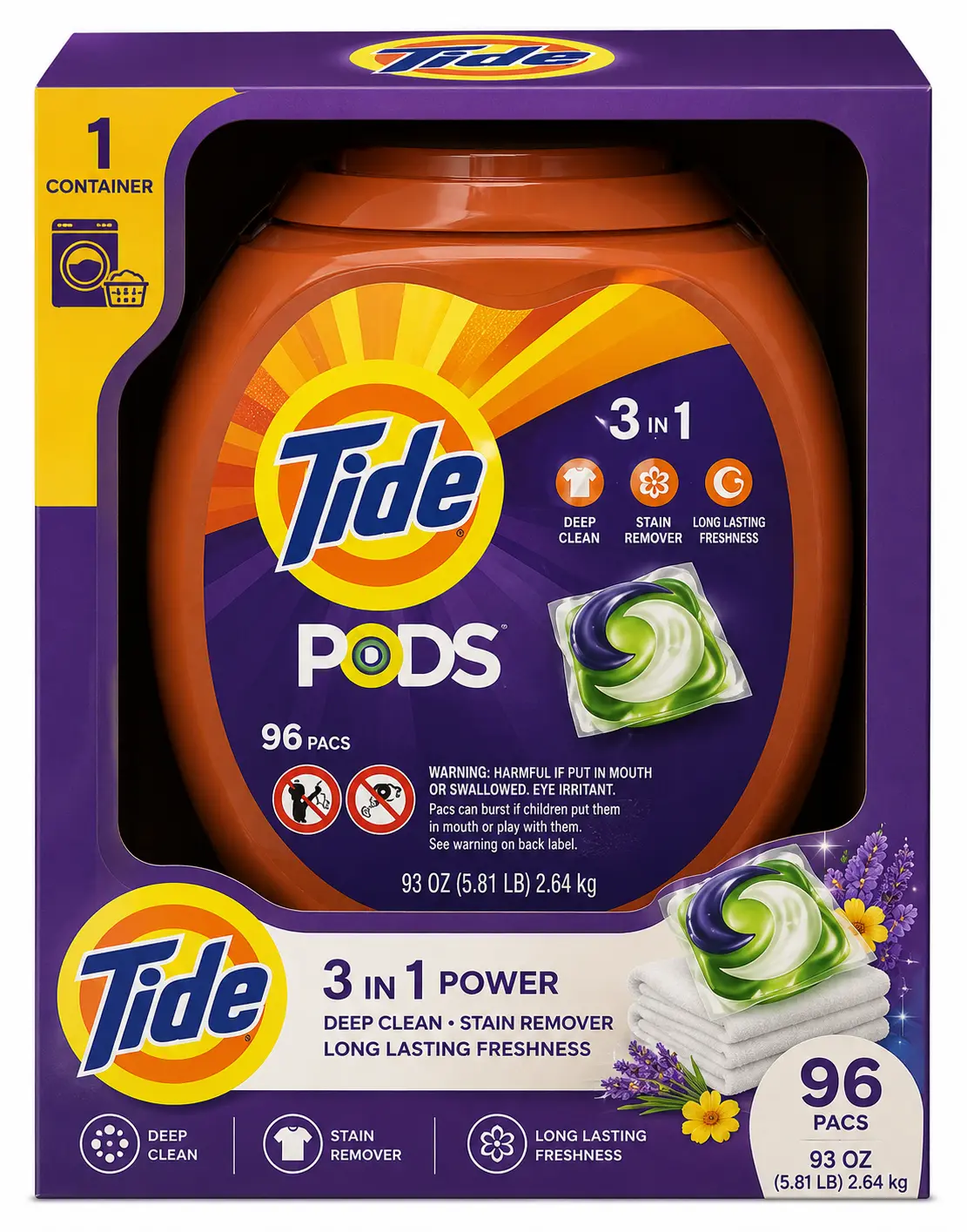 Tide PODS 3-in-1 Laundry Detergent Pacs, 96 Count (93 oz / 2.64 kg), Deep Clean, Stain Remover & Long-Lasting Freshness