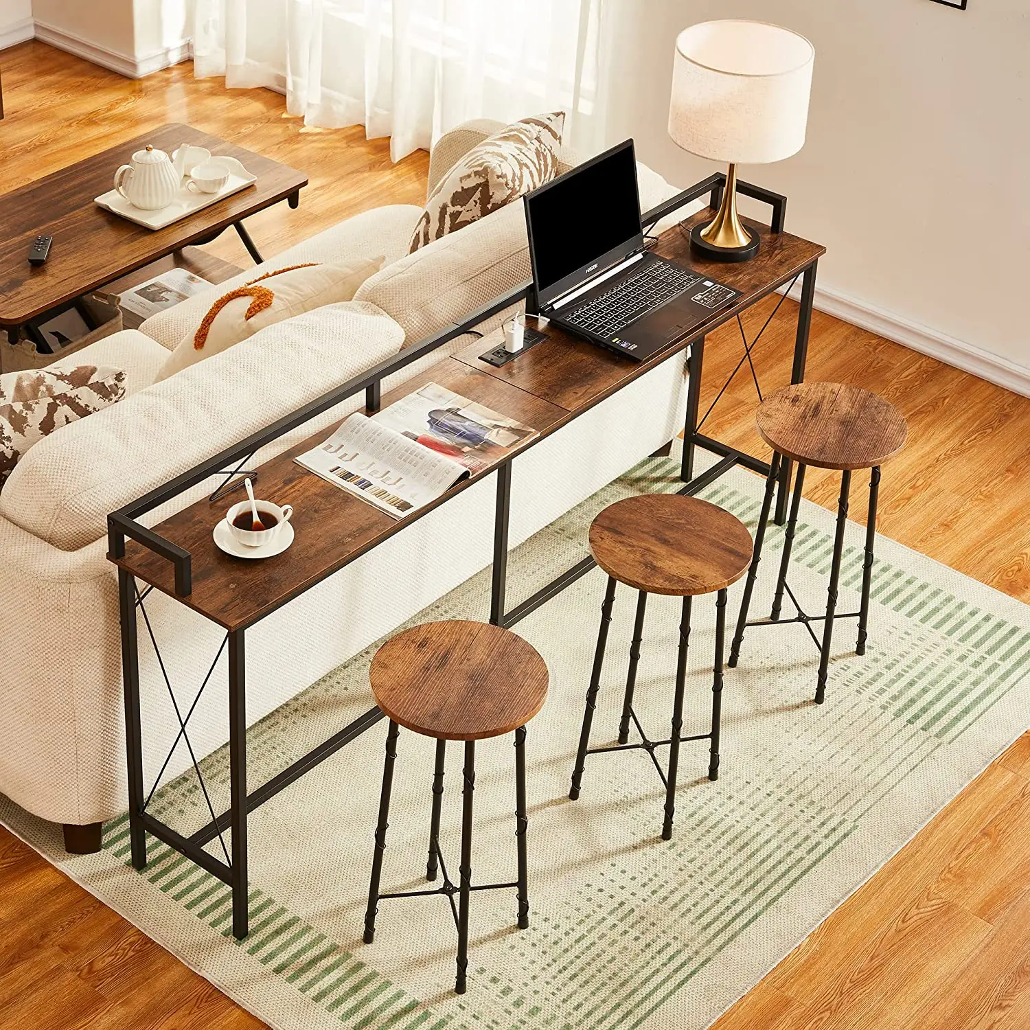 VECELO 71 Inch Console Table Sofa Table with Charging Station, Table Behind Sofa, Suitable for Narrow Entryway, Slim Hallway, Living Room, Brown