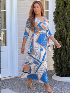 Plus Size Boho Mandala Floral Print Maxi Dress, Deep V Neck 3/4 Sleeve, Wrap Tie Waist, Flowy Casual Dress, Multiple Colors Available