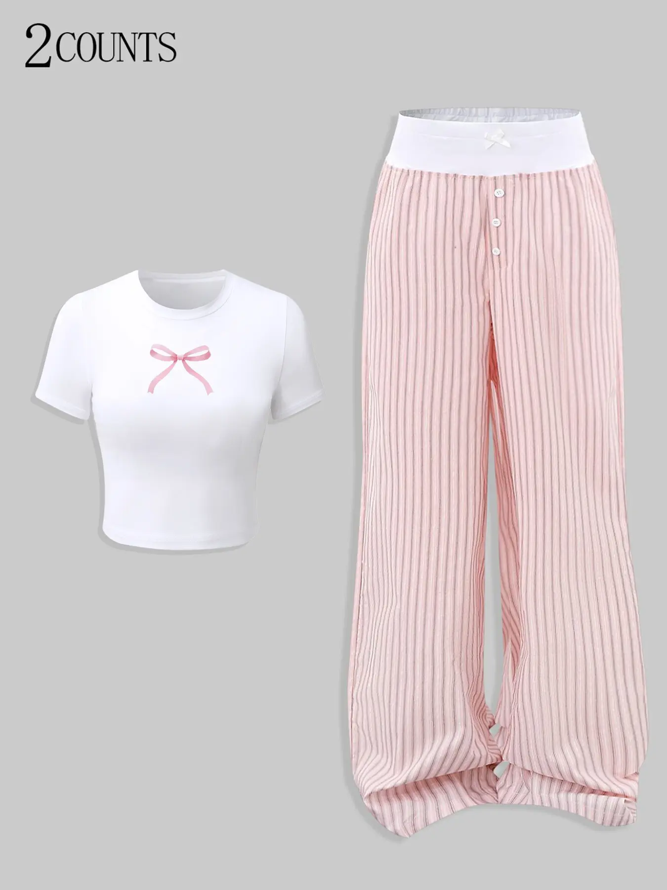 2-Pack Pink & White Coquette, Casual Loungewear Set, Pajama Set, Bow Crop Top + Striped Wide-Leg Pants TikTok Cute Aesthetic Soft Stretchy Fabric, Sweet Bow Detail, Relaxed Comfy Fit Perfect for #OOTD, #ChillDays, #SleepwearVibes, Knitting Pajama Set