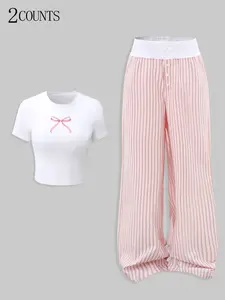 "2-Pack Pink & White Coquette Loungewear Set | Bow Crop Top + Striped Wide-Leg Pants – 2025 TikTok Viral Cute Aesthetic! Soft Stretchy Fabric, Sweet Bow Detail, Relaxed Comfy Fit 🌸 Perfect for #OOTD, #ChillDays, #SleepwearVibes. Trendy Pastel Colors – St