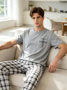 Men's Spring Summer Thin Pajama Sleepwear Set, Short Sleeve Long Pants 2 Piece Set, Casual Home Wear with Printed Pattern, Round Neck Design