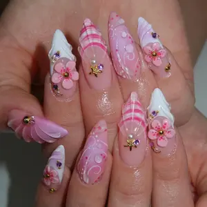 Pink Mermaid Press on Nails with 3D Flower, Seashell & Starfish | 3D Fake Nails in Almond | Sweet Handmade Nail Art for Summer, Beach