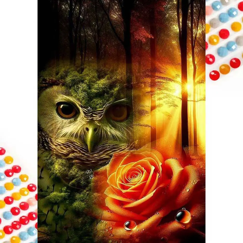 5D Diamond Painting Kit Full Round Drill Owl, Forest, Rose DIY Mosaic Wall Art, Beginner Craft Set (with Tools), Home Wall Decoration Gift, Diamond Art Kit, Handicraft