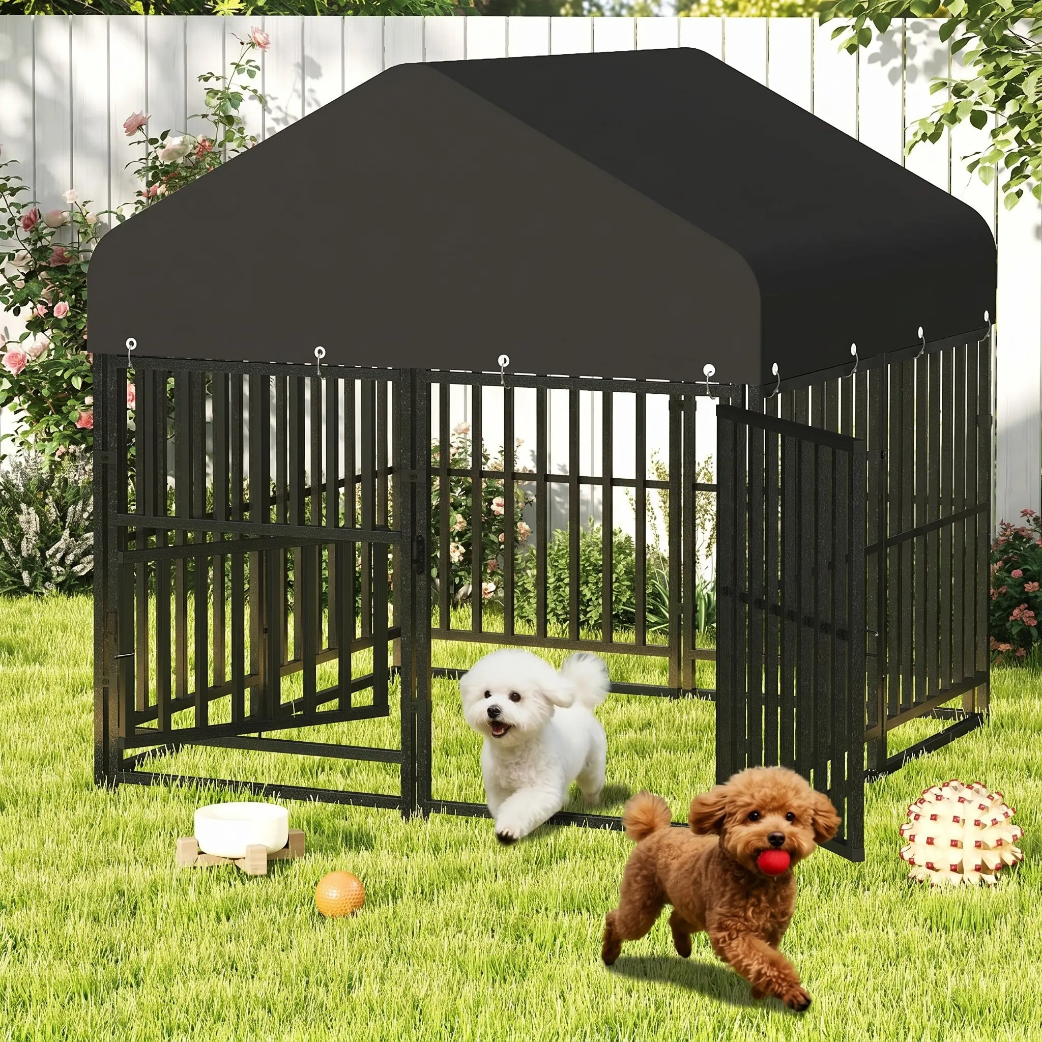 Outdoor Dog Kennel with Double Safety Locks, 49''x47''x51'' Heavy Duty Dog Enclosure with UV-Resistant Waterproof Roof, Welded Wire Steel PG8001